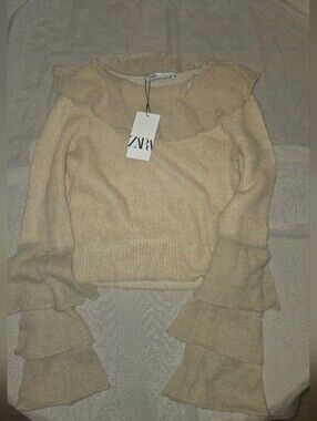 ZARA Cream Off-Shoulder Ruffle-Sleeve Knit Top